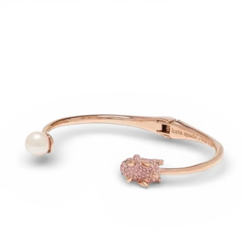 Kate Spade New York 12K Gold Pink Imagination Pig Open Hinge Bangle Bracelet